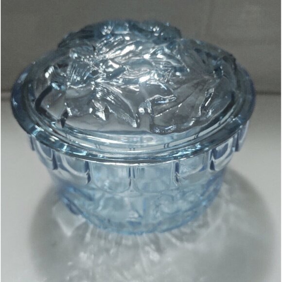 Vintage KIG Blue Glass Lidded Candy Jar Floral Lid Design 4" Tall x 4 1/2" dia. - Picture 1 of 8